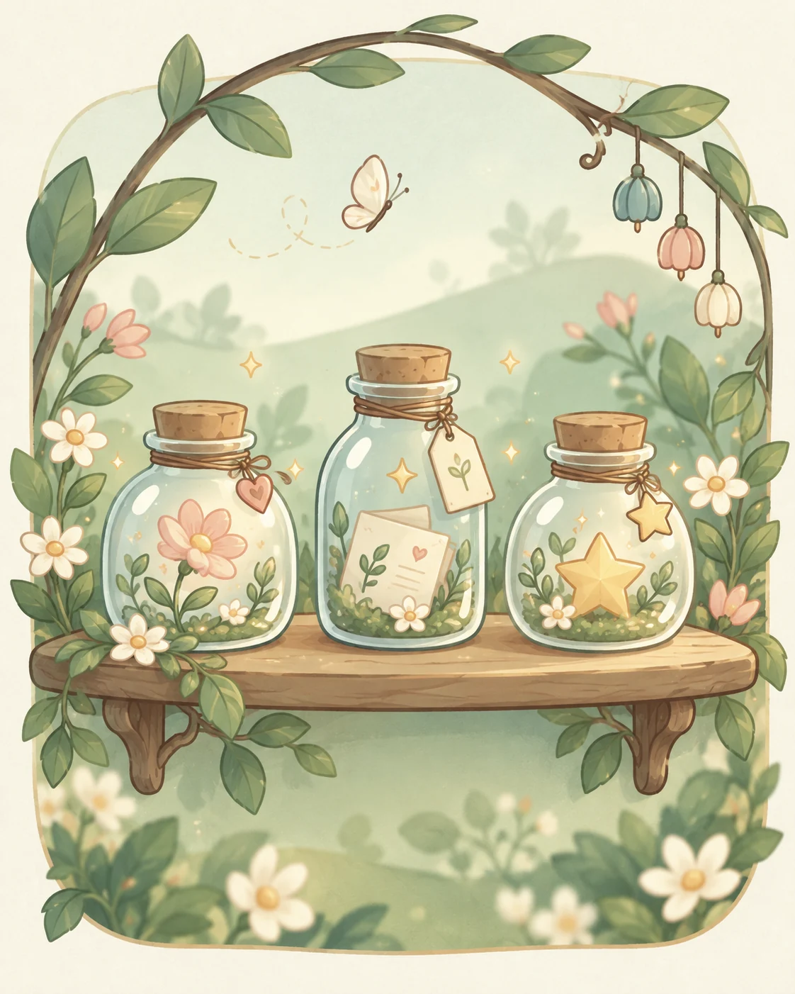 Ilustración de tres frascos con pequeños tesoros en un jardín. Cada frasco guarda una nota.